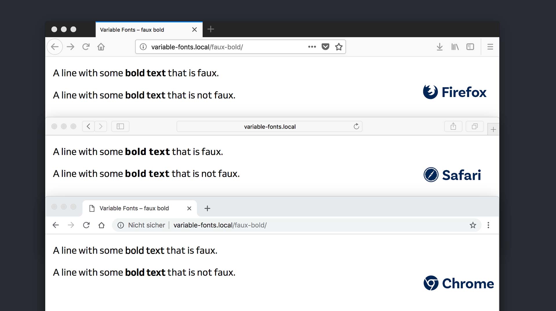 Faux bolding and true bold of a variable font in Firefox, Safari and Chrome