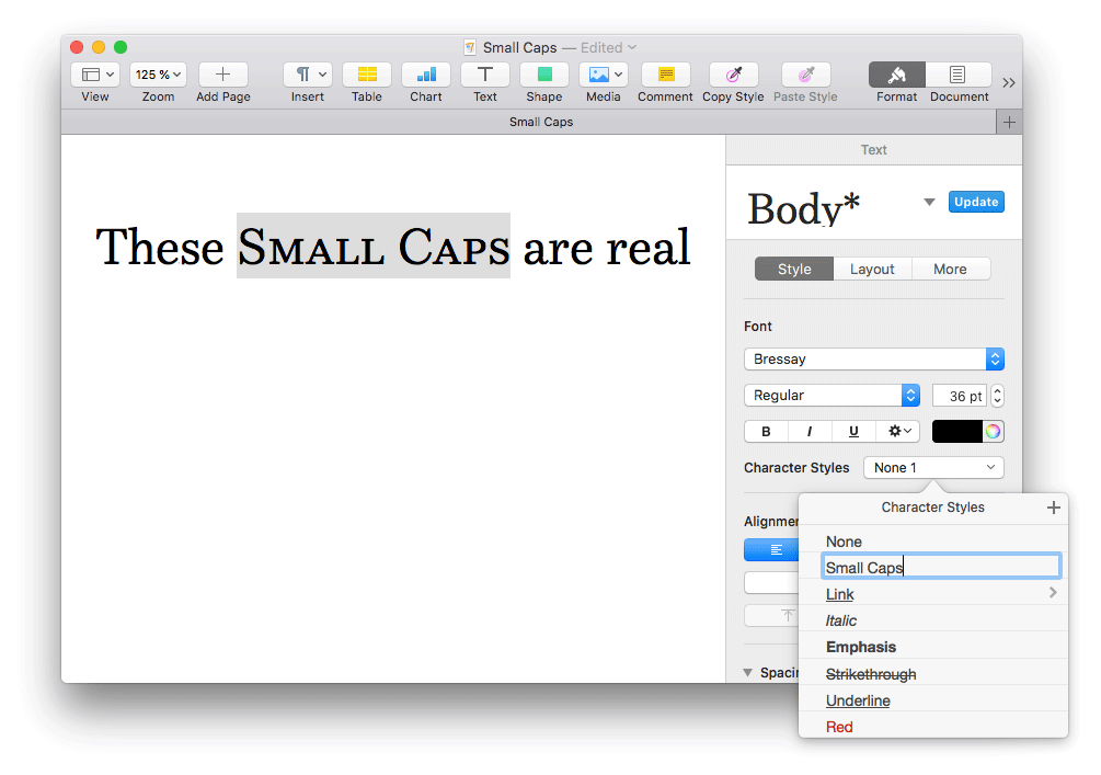 Adding a new character style in Apple Pages 