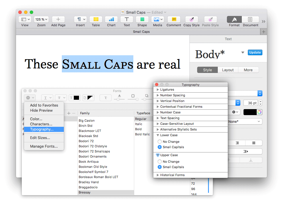 Acessing typographic options in Apple Pages