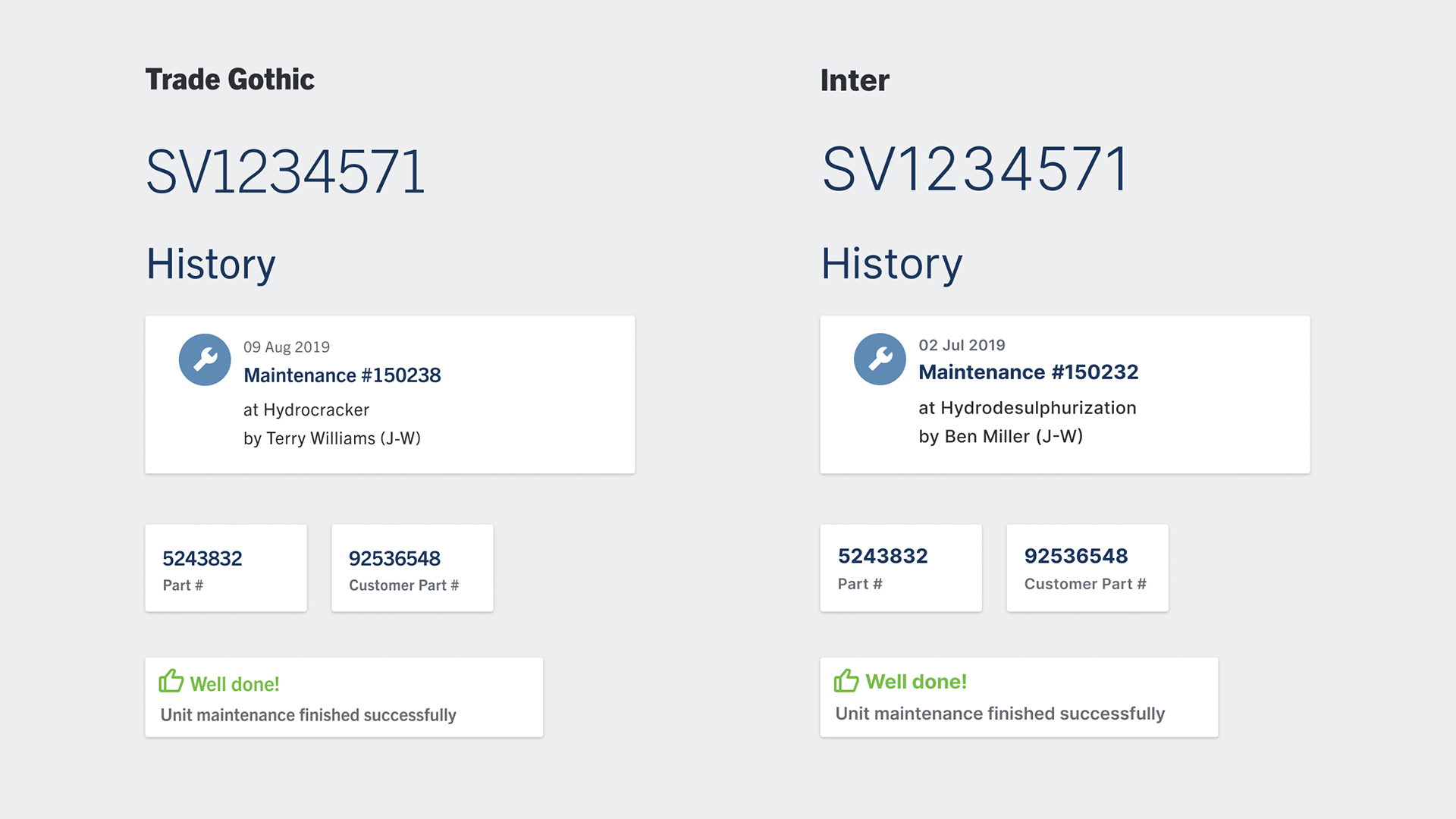 Comparison of the typefaces Trade Gothic and Inter used in user interace components for an app