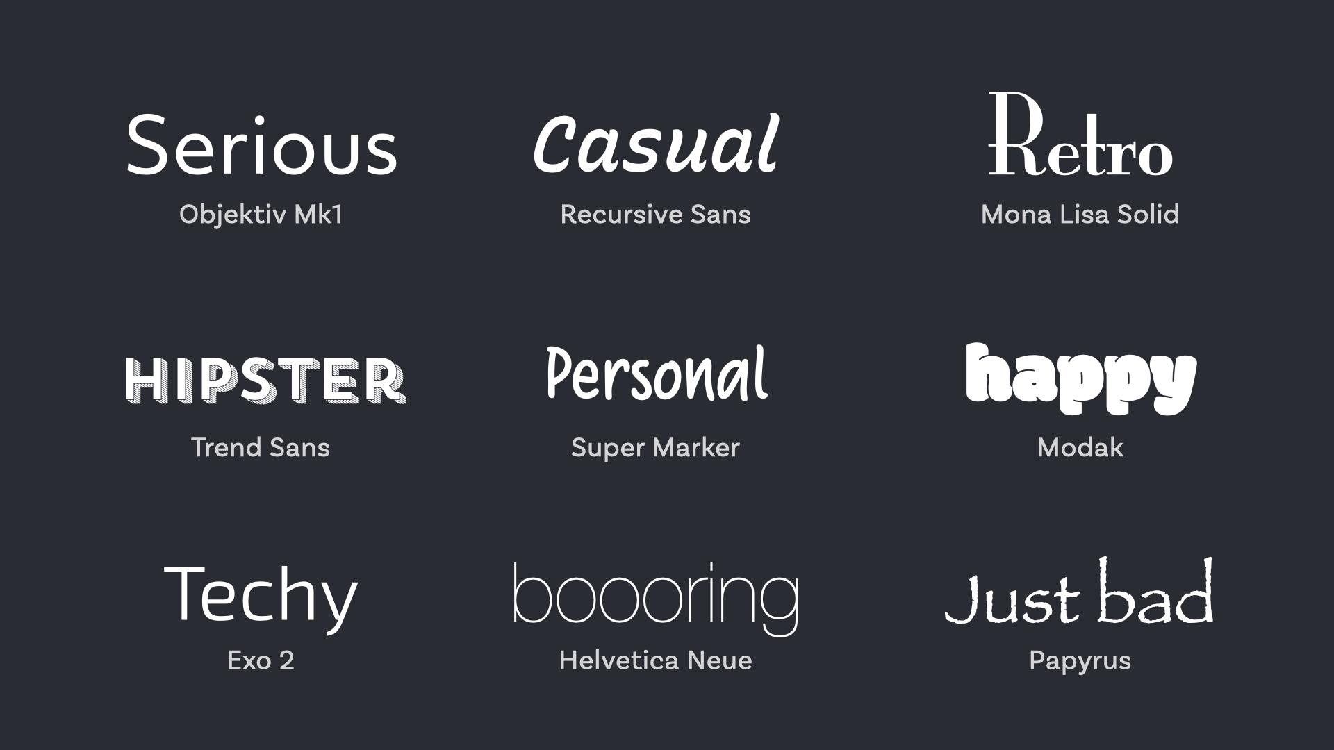 Different fonts that convey a serious, casual or retro feeling.