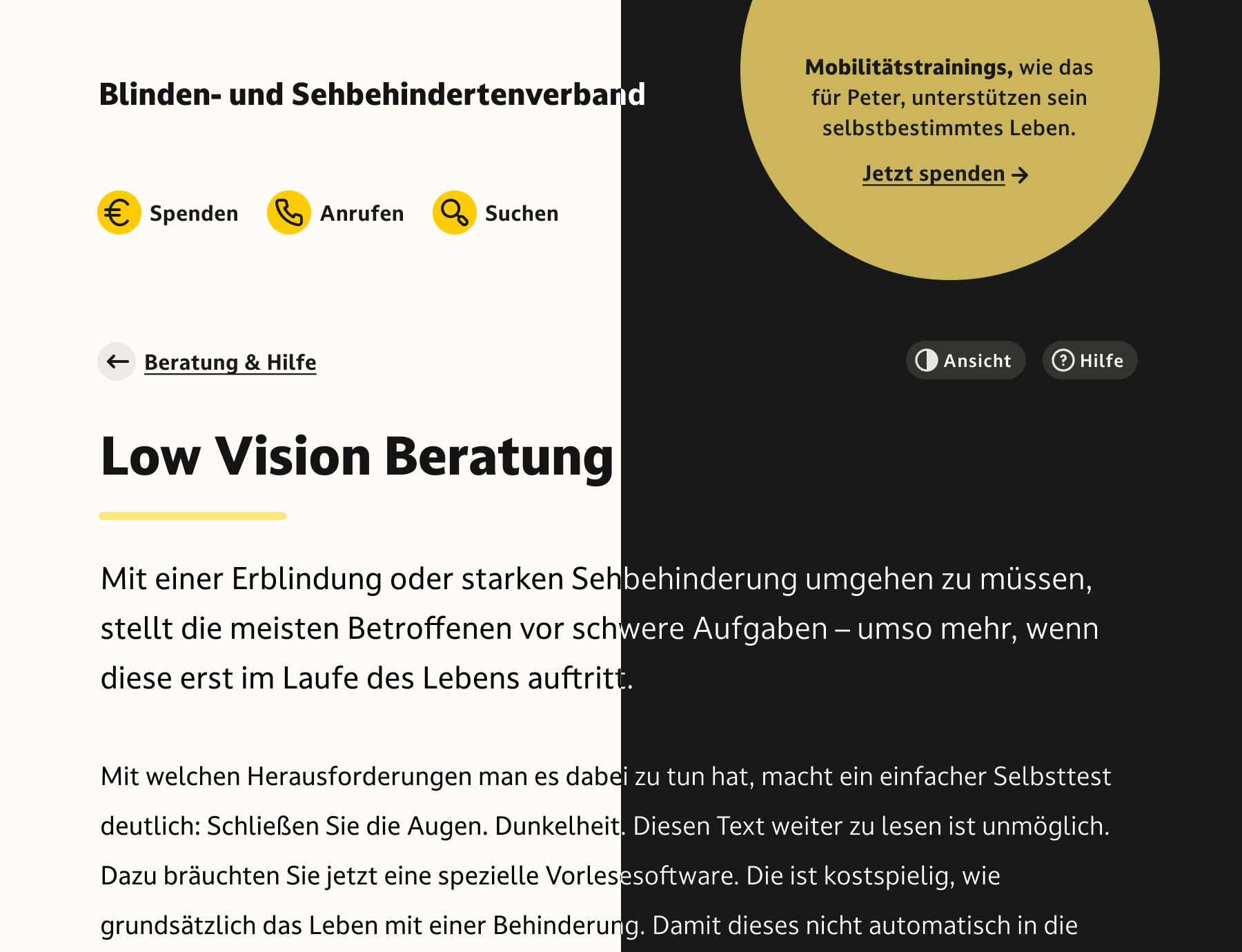 Screenshot of Darkmode in a webdesign. The left half is black-on-white text, right half is white-on-black text
