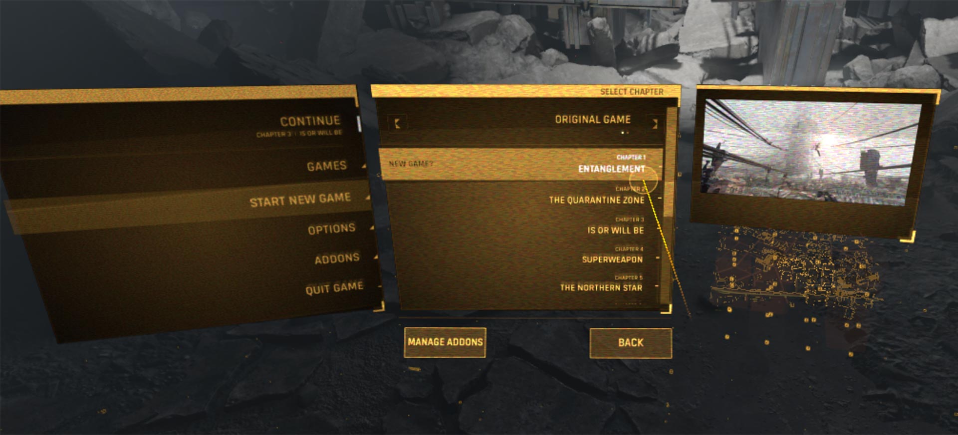 The Menu in  Half-Life Alyx VR shows two levels, the text ist set in capital letters in tiny sizes on a noisy background and extremely hard to read