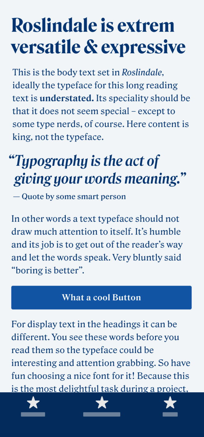 The serif typeface Rodlindale on a mobile phone in a headline, body text, a pull quote and a button.