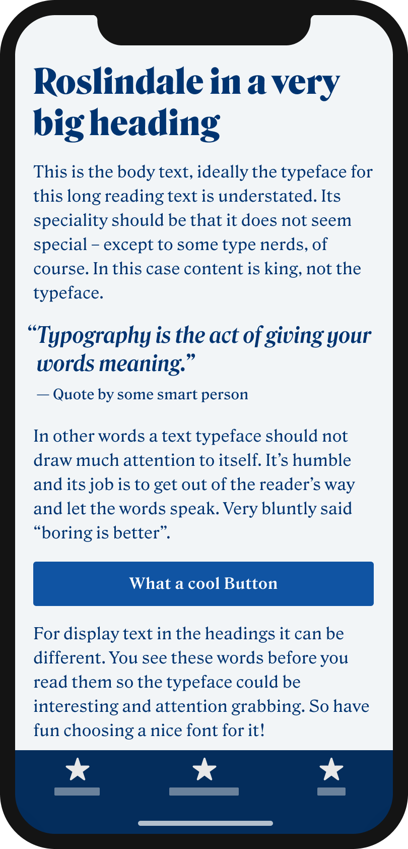 The serif typeface Rodlindale on a mobile phone in a headline, body text, a pull quote and a button.