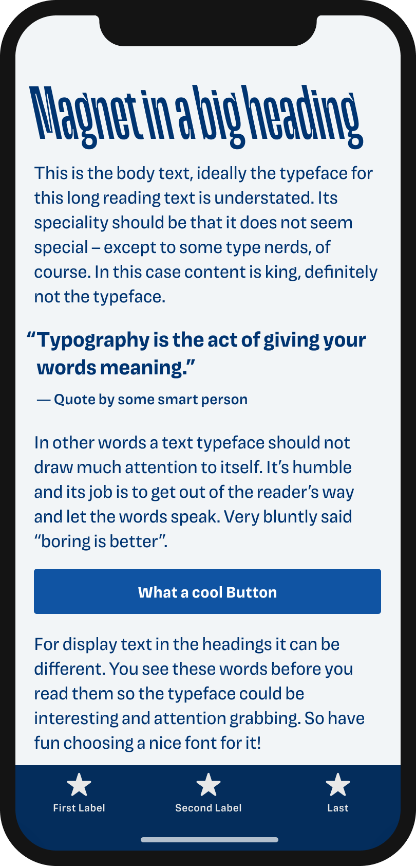 The typeface Magnet on a mobile phone in a headline, body text, a pull quote and the labels of a button and navigation