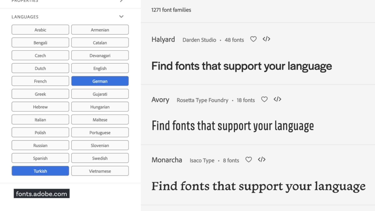 The website of Adobe fonts browsed by languages with German and Turkish selected