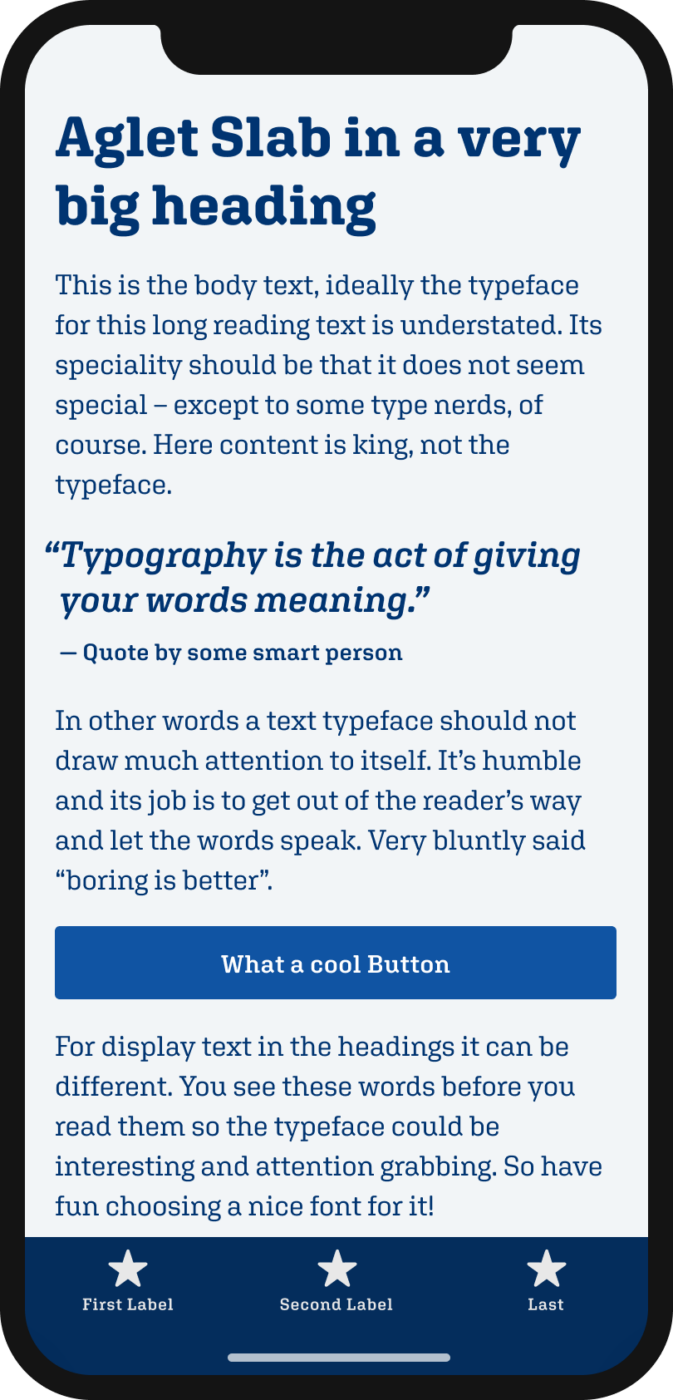 The slab serif typeface Aglet Slab on a mobile phone in a headline, body text, a pull quote and the labels of a button and navigation.