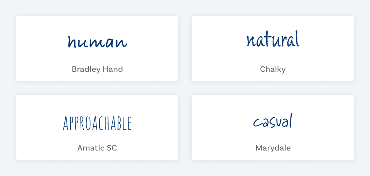 The word ”human“ set in the handwritten font Bradley Hand, “natural“ in the chalkboard like font Chalky, “approachable“ set in the thin marker style font Amatic SC and the word “casual“ set in the ball pen style font Marydale 