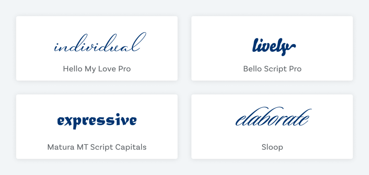 The word “individual“ set in the script font Hello My Love Pro, “lively“ set in the brush pen font Bello Script Pro, “expressive“ in the broad pen inspired font Matura MT Script Capitals, and “elaborate“ set in the fourishing script font Sloop