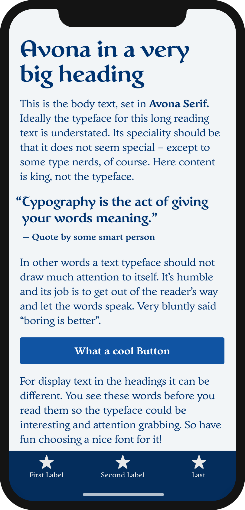 The medieval looking serif typeface Avona and Avona Serifon a mobile phone in a headline and pull quote. The typeface Irina Sans in the body text, and the labels of a button and navigation.