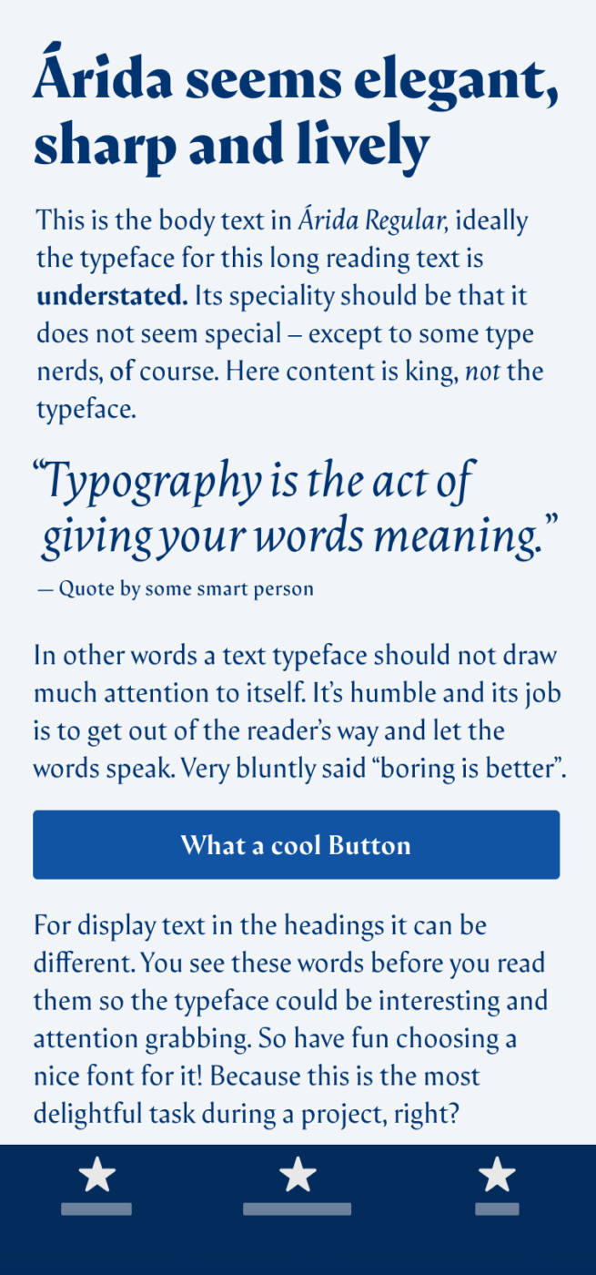The calligraphic looking serif typeface Árida on a mobile phone in a headline and pull quote, the body text, and the label of a button.