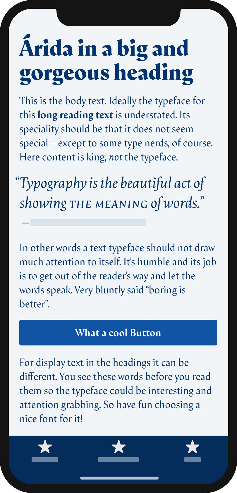 The calligraphic looking serif typeface Árida on a mobile phone in a headline and pull quote, the body text, and the label of a button.