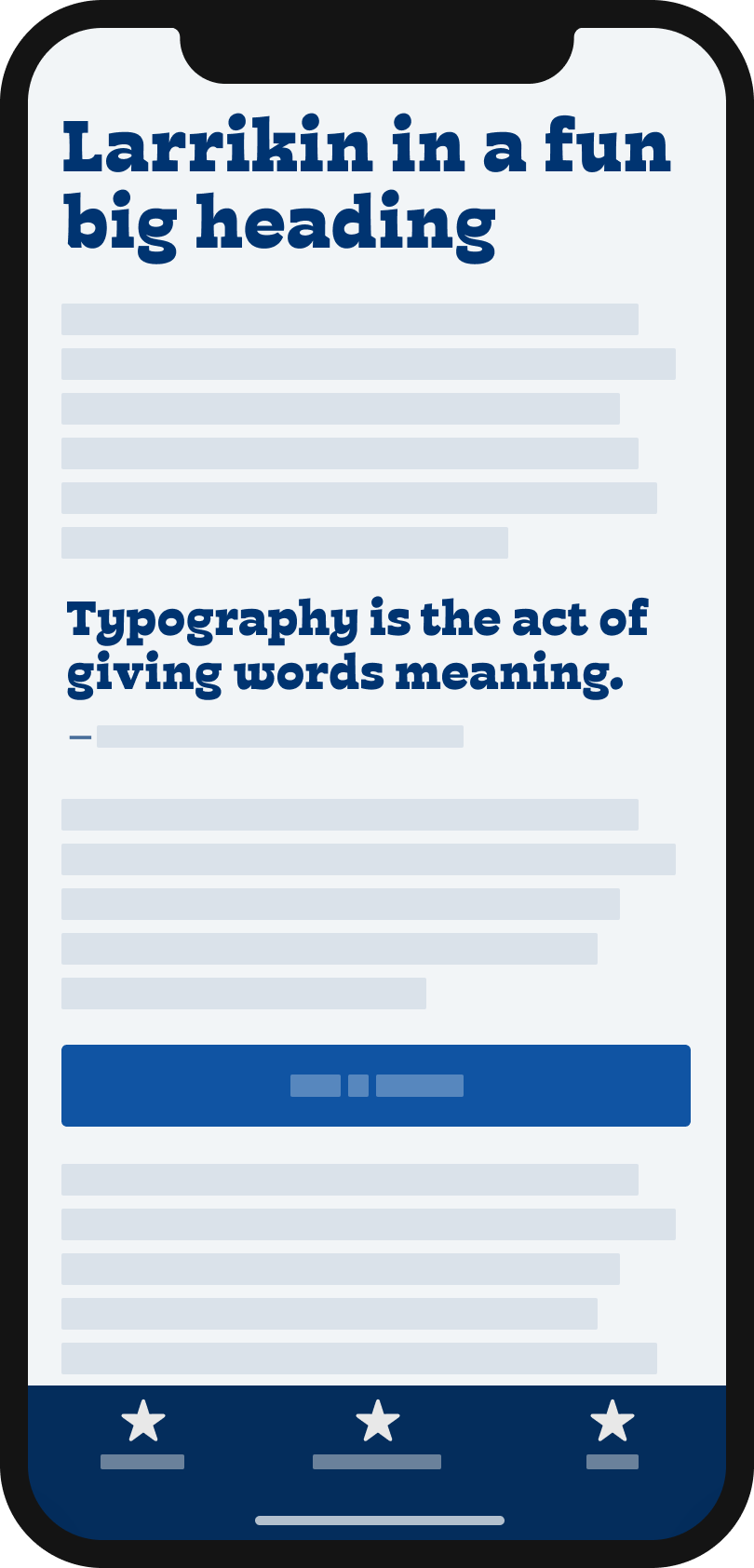 The goofy slab-serif display typeface Larrikin on a mobile phone in a headline and pull quote.