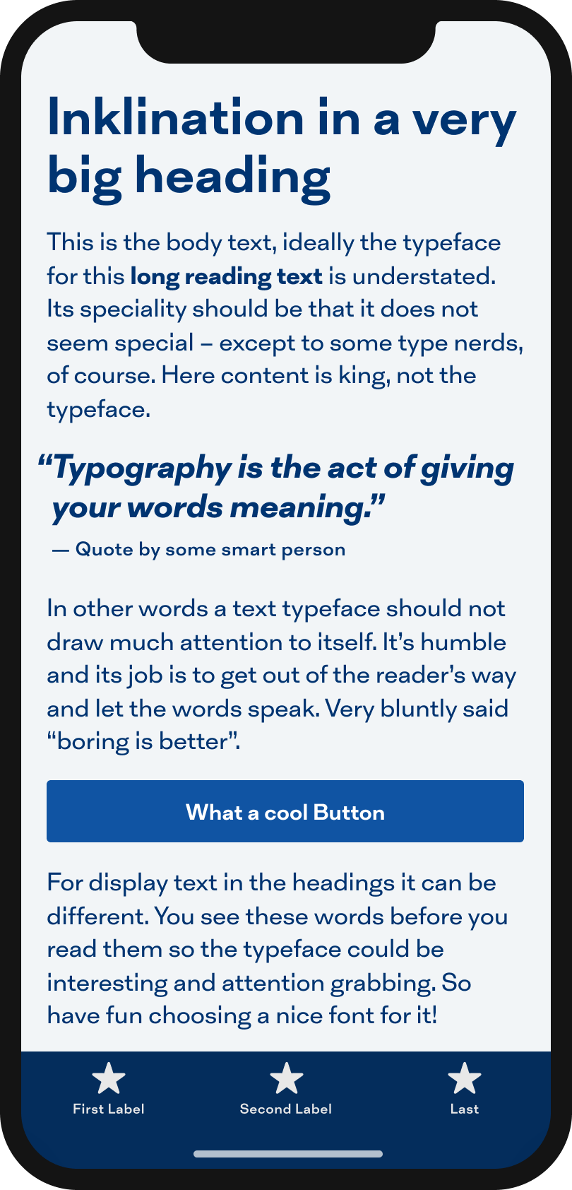 The sans-serif typeface Inklination on a mobile phone in a headline, body text, a pull quote and the labels of a button and navigation.