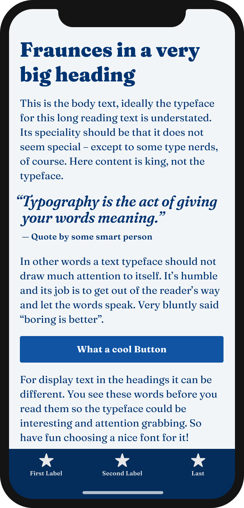 The soft serif typeface Fraunces on a mobile phone in a headline, body text, a pull quote and the labels of a button and navigation.