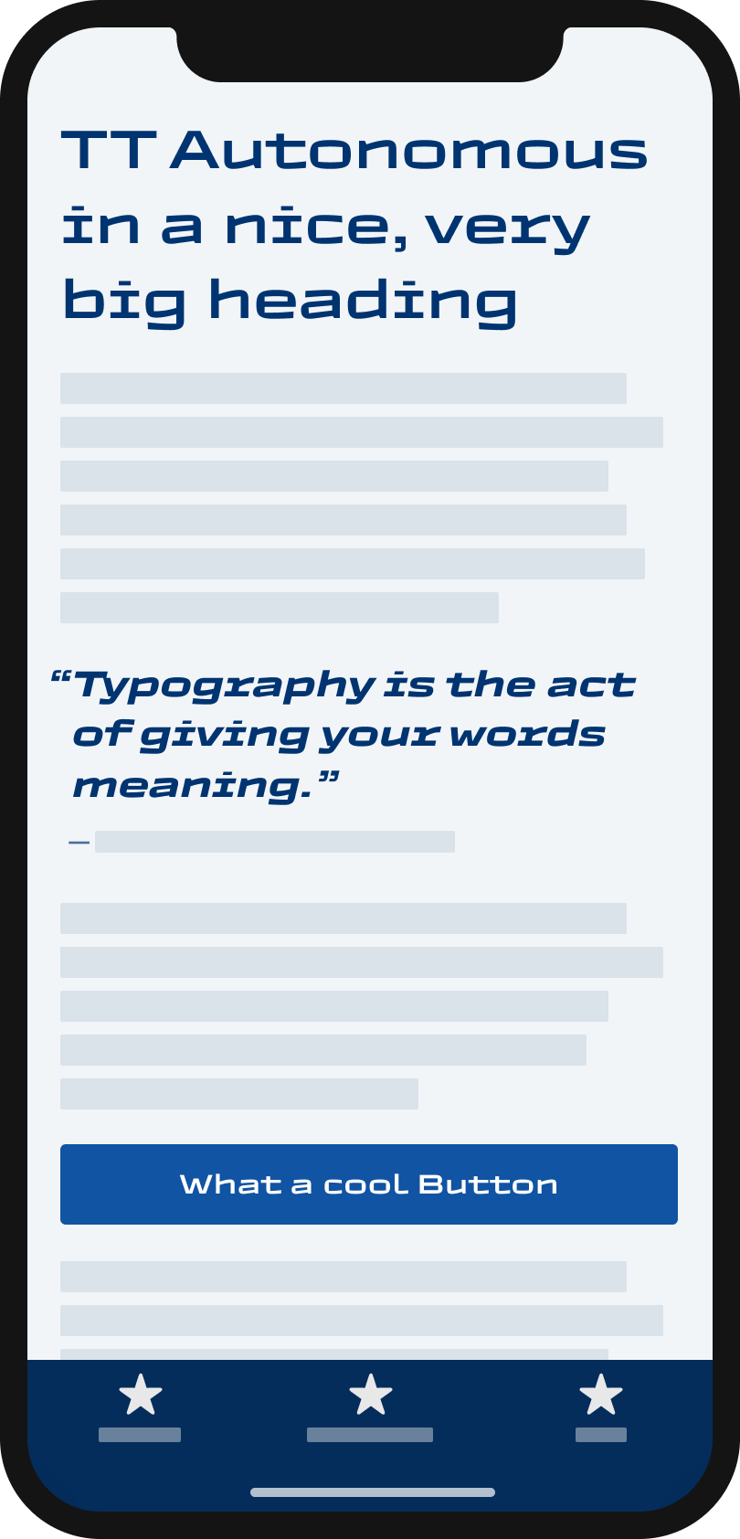 The super wiede, squarish display sans-serif typeface TT Autonomous on a mobile phone in a headline and pull quote and button.