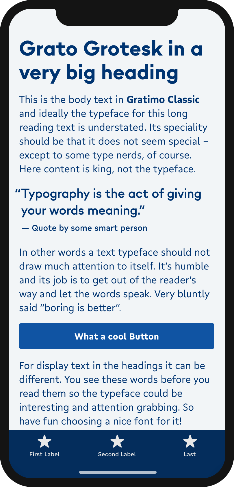 The geometric sans-serif typeface Grato Grotesk on a mobile phone in a headline and pull quote. The friendlier humanist typeface Gratimo Classic in body text, and Gratimo Grotesk in the labels of a button and navigation.