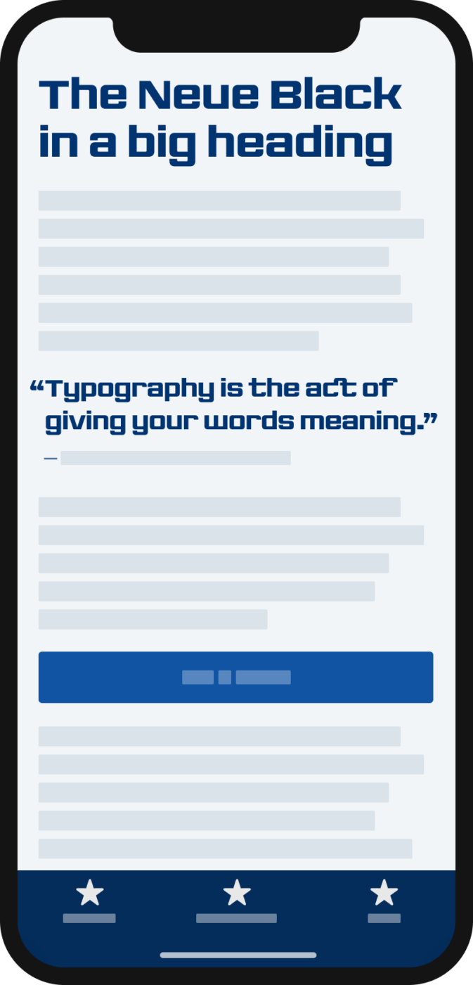 The sturdy sans-serif display typeface The Neue Black on a mobile phone in a headline and pull quote.