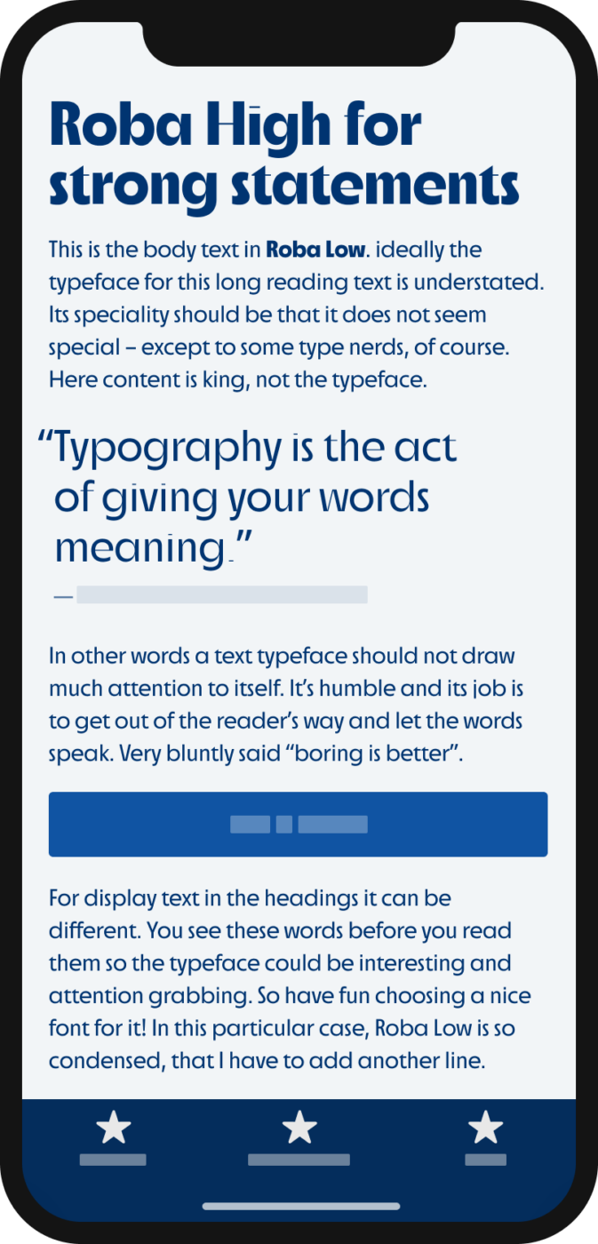 The contrasting display sans-serif typeface Roba High and Roba Low shown on a mobile phone in a headline, body text, and a pull quote.