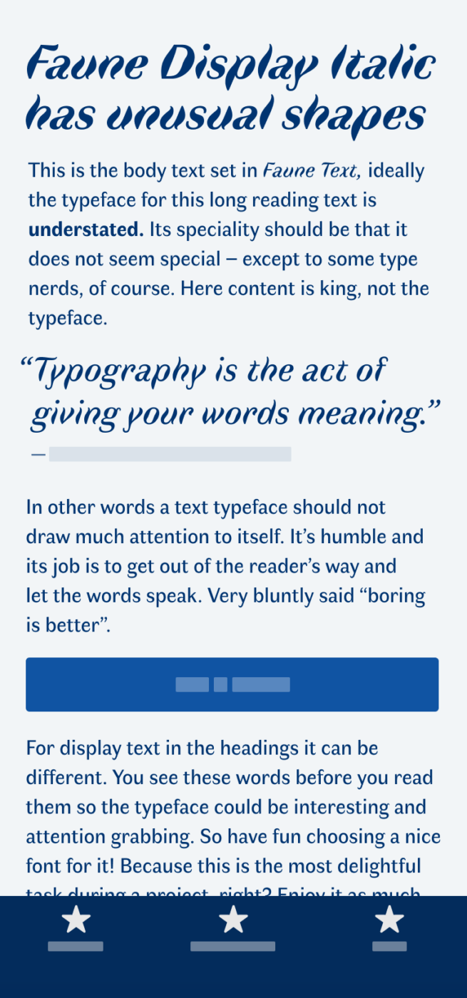 The wavy sans-serif typeface Faune Display Italic shown on a mobile phone in a headline, and a pull quote. The sans-serif typeface Faune Text in the body text.