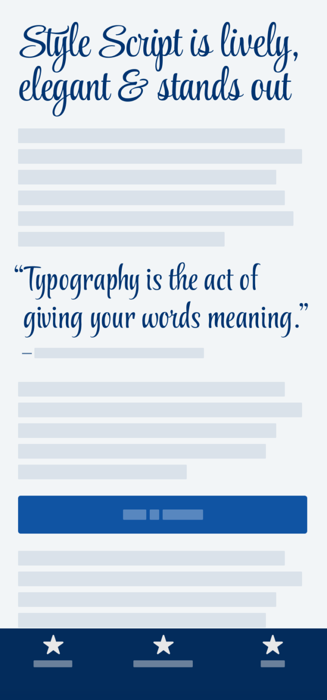 The lively and elegant script typeface Style Script in a heading and a pull quote on a mobile phone.