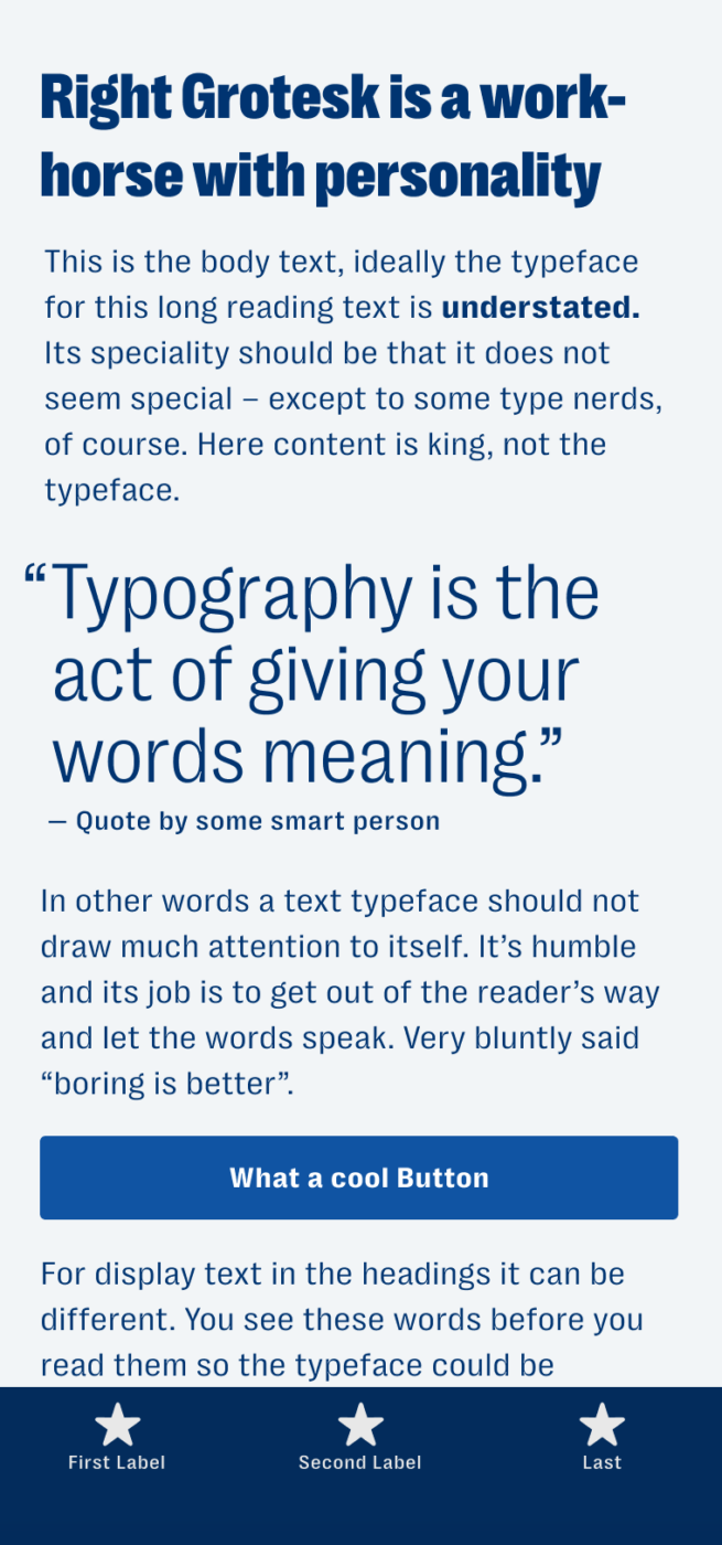 The bold and also narrow sans-serif typeface Right Grotesk shown on a mobile phone in a headline, and a pull quote, and the labels of a button and navigation.