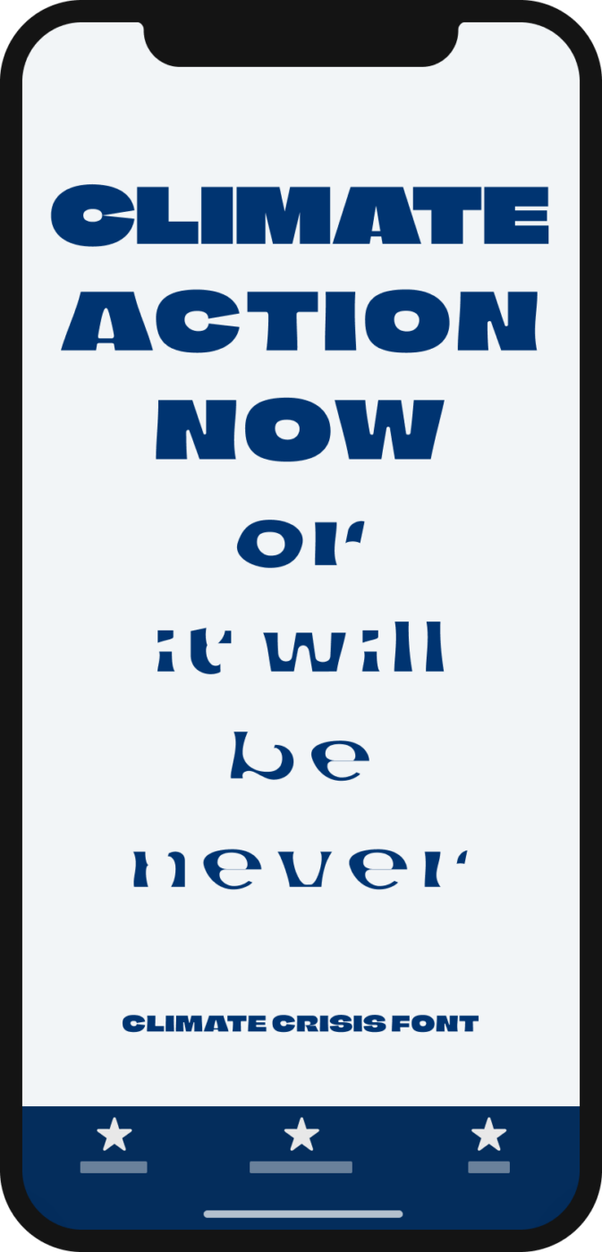 The words Climate Action Now or it will be never written on a mobile phone, very bold on the top and almost disappearing at the end