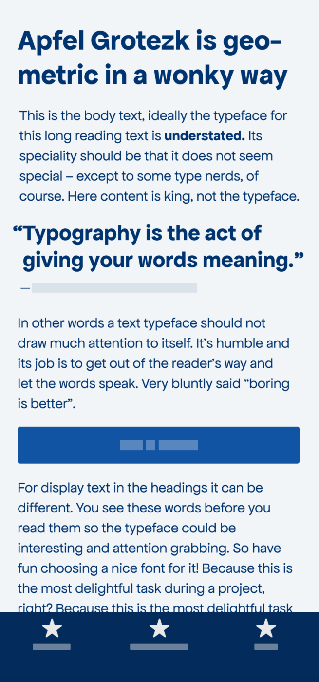 The rounded geometric sans-serif typeface Apfel Grotezk shown on a mobile phone in a headline, a pull quote, and the body text.