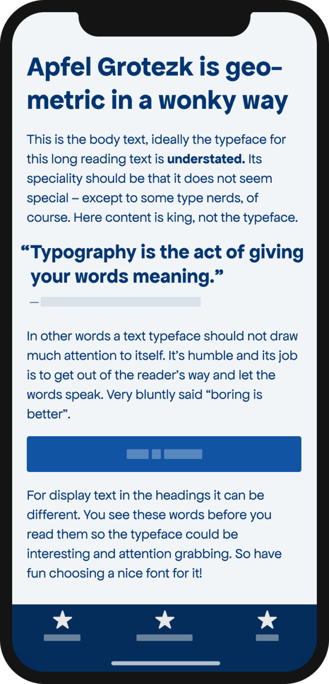 The rounded geometric sans-serif typeface Apfel Grotezk shown on a mobile phone in a headline, a pull quote, and the body text.