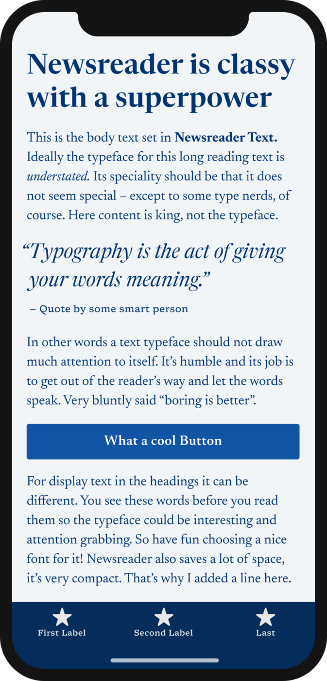 The classic serif typeface Newsreader shown on a mobile phone in a headline, body text, a pull quote, and the labels of a button and navigation.