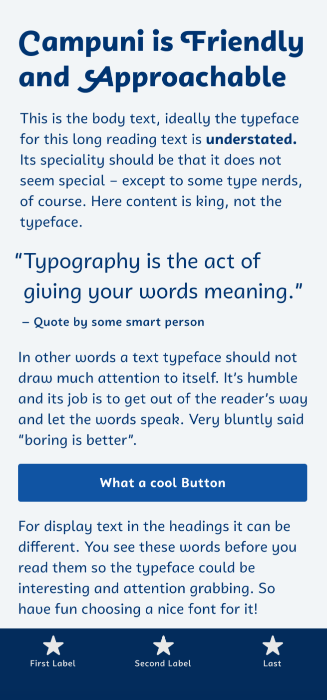 The upright italic sans-serif typeface Campuni shown on a mobile phone in a headline, body text, a pull quote, and the labels of a button and navigation.