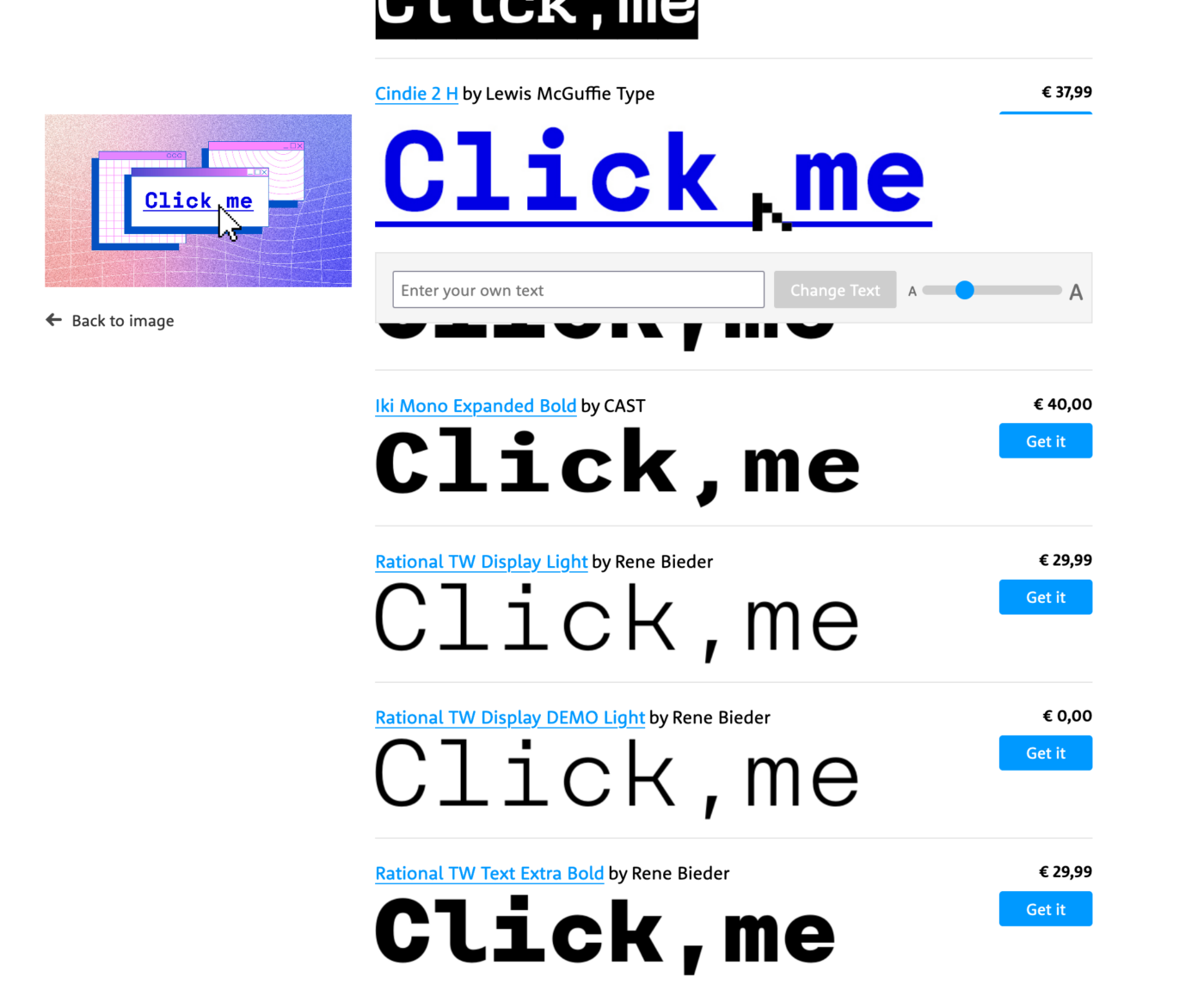 Results for the visual search of the monospace typeface used in a header graphic of an article with the word “click me“.