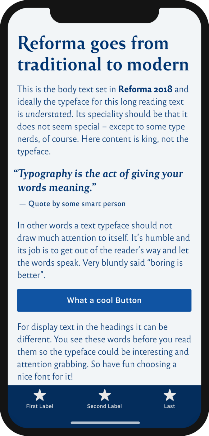 The sans-serif and serif font family Reforma shown on a mobile phone in a headline, body text, a pull quote, and the labels of a button and navigation.