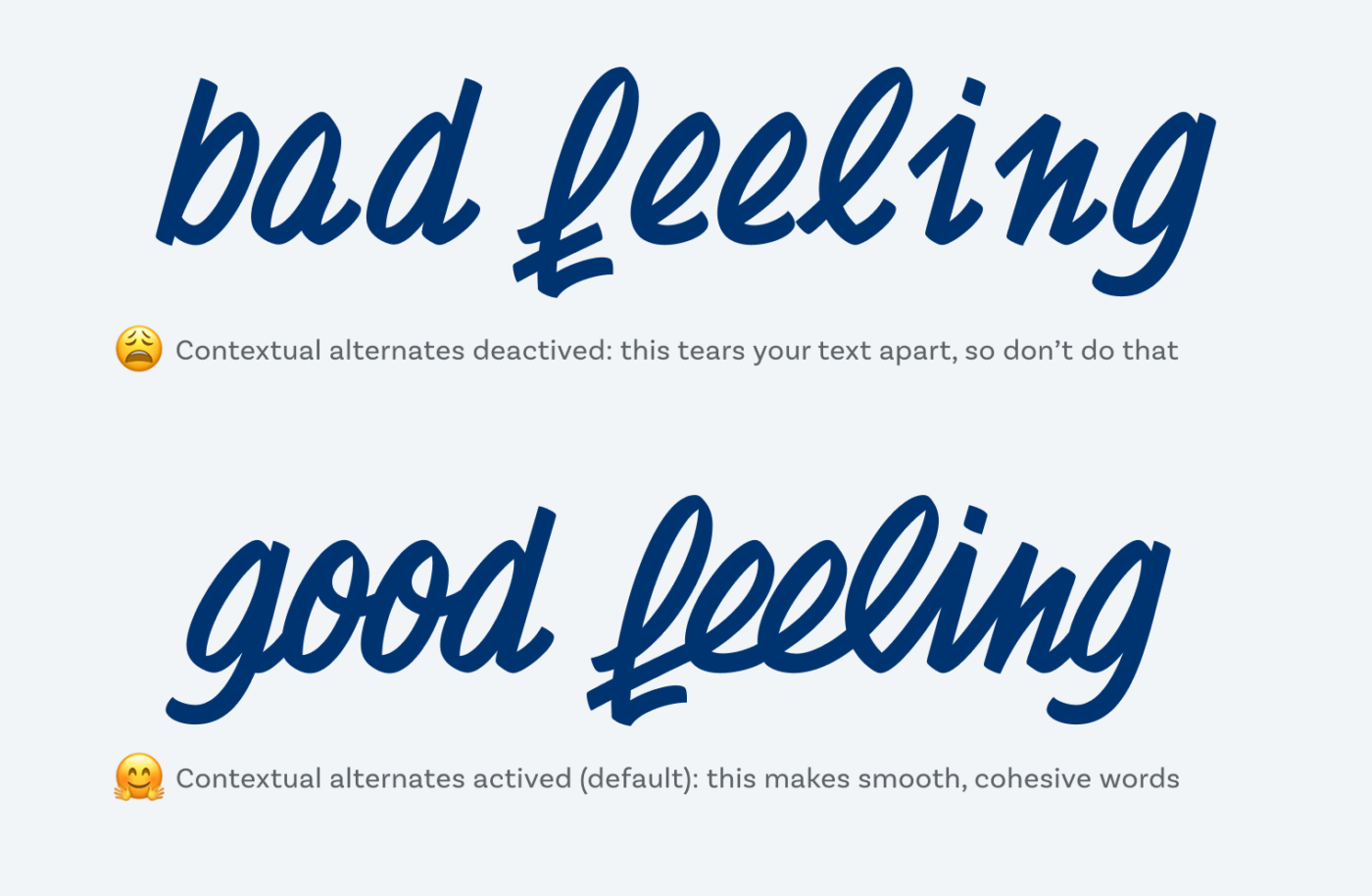 bad feeling: Contextual alternates deactived: this tears your text apart, so don’t do that. Good feeling: Contextual alternates actived (default): this makes smooth, cohesive words