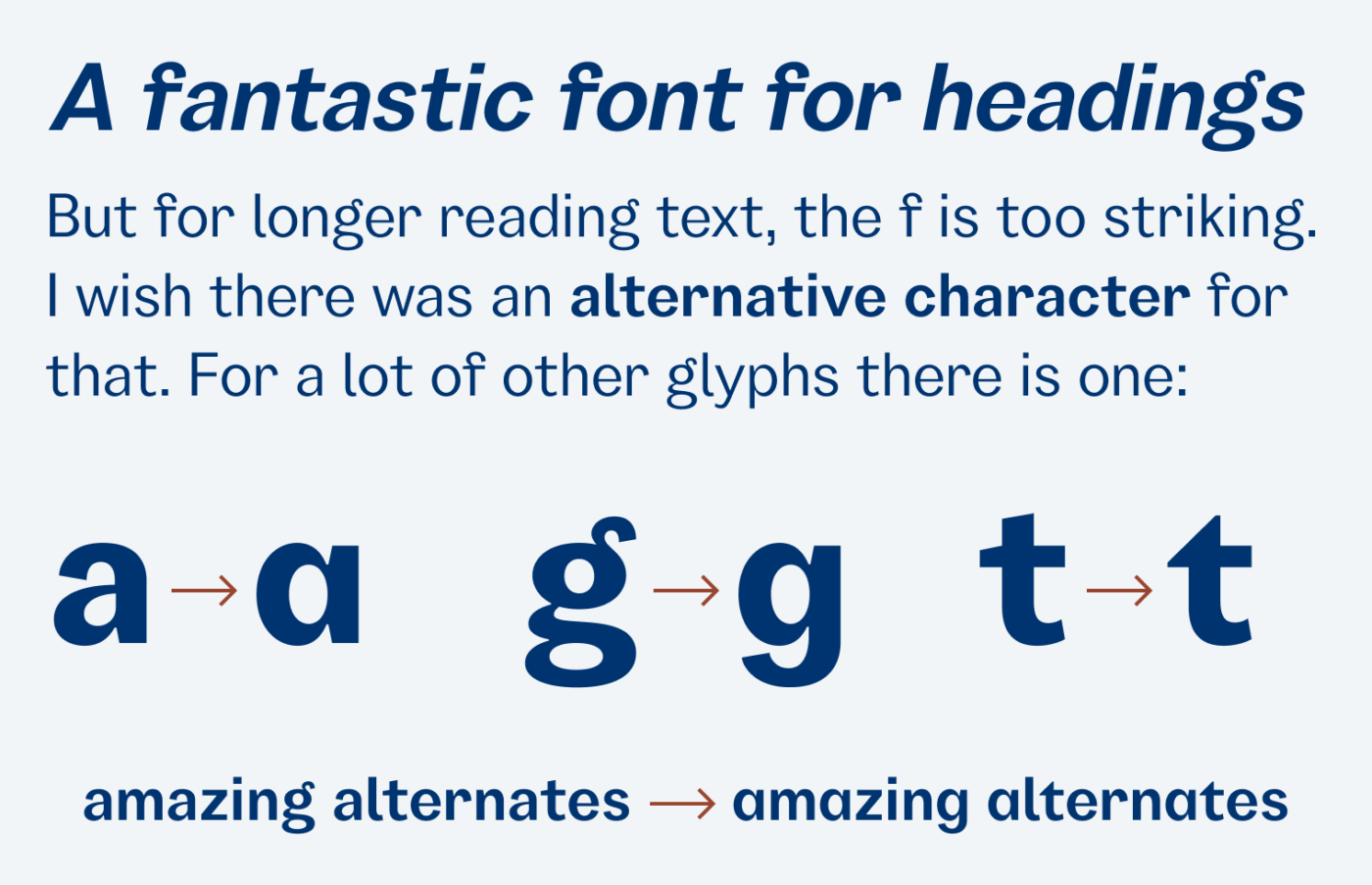 A fantastic font for headings. But for longer reading text, the f is too striking. I wish there was an alternative character for that. For a lot of other glyphs there is one: a, g, t.