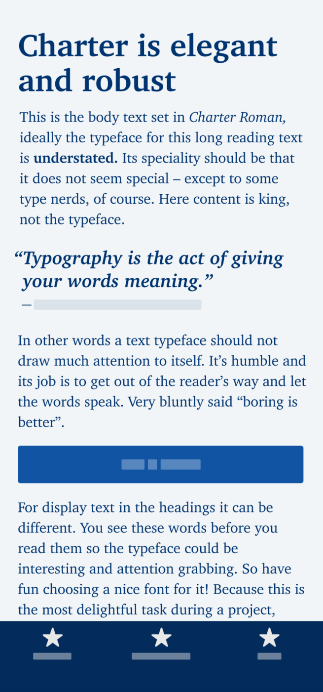 The slab-serif typeface Charter shown on a mobile phone in a headline, body text, and a pull quote.