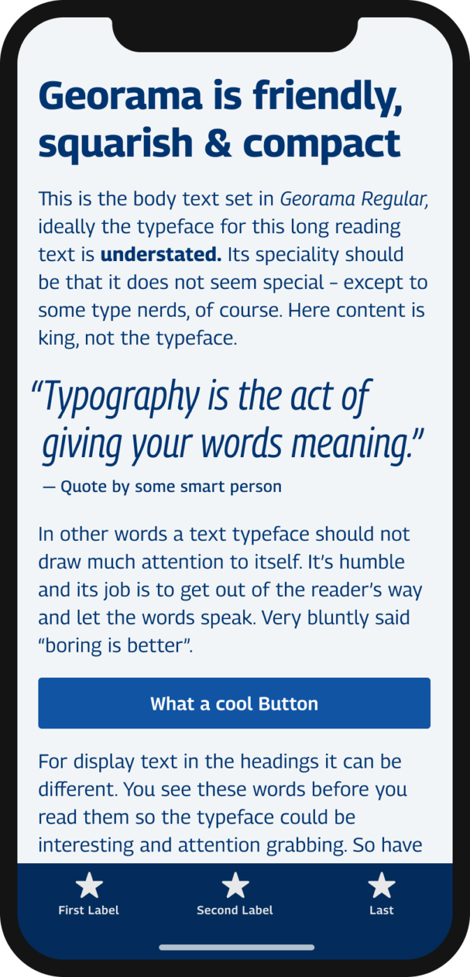 The sans-serif typeface Georama shown on a mobile phone in a headline, and a pull quote, and the labels of a button and navigation.