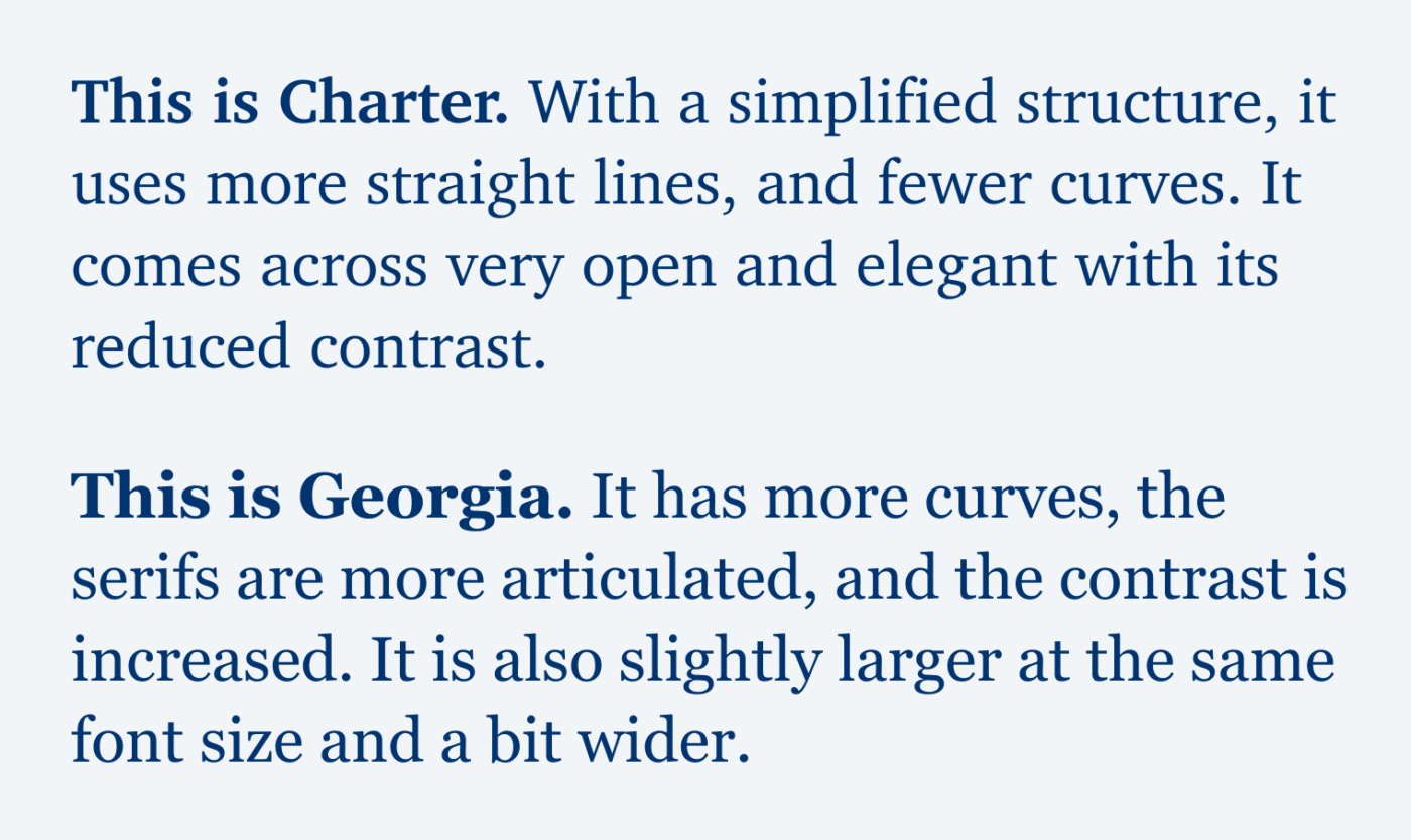 This is Charter. With a simplified structure, it uses more straight lines, and fewer curves. It  comes across very open and elegant with its reduced contrast. This is Georgia. It has more curves, the serifs are more articulated, and the contrast is increased. It is also slightly larger at the same font size and a bit wider.