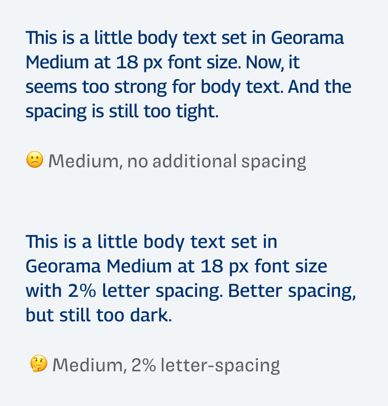 This is a little body text set in Georama Medium at 18 px font size. Now, it seems too strong for body text. And the spacing is still too tight. This is a little body text set in Georama Medium at 18 px font size with 2% letter spacing. Better spacing, but still too dark.
