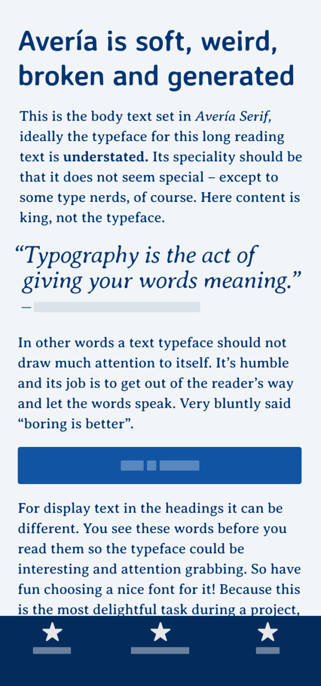 The soft weird typeface Avería shown on a mobile phone in a headline in sans-serif, the body text in serif, and a pull quote in large italics.