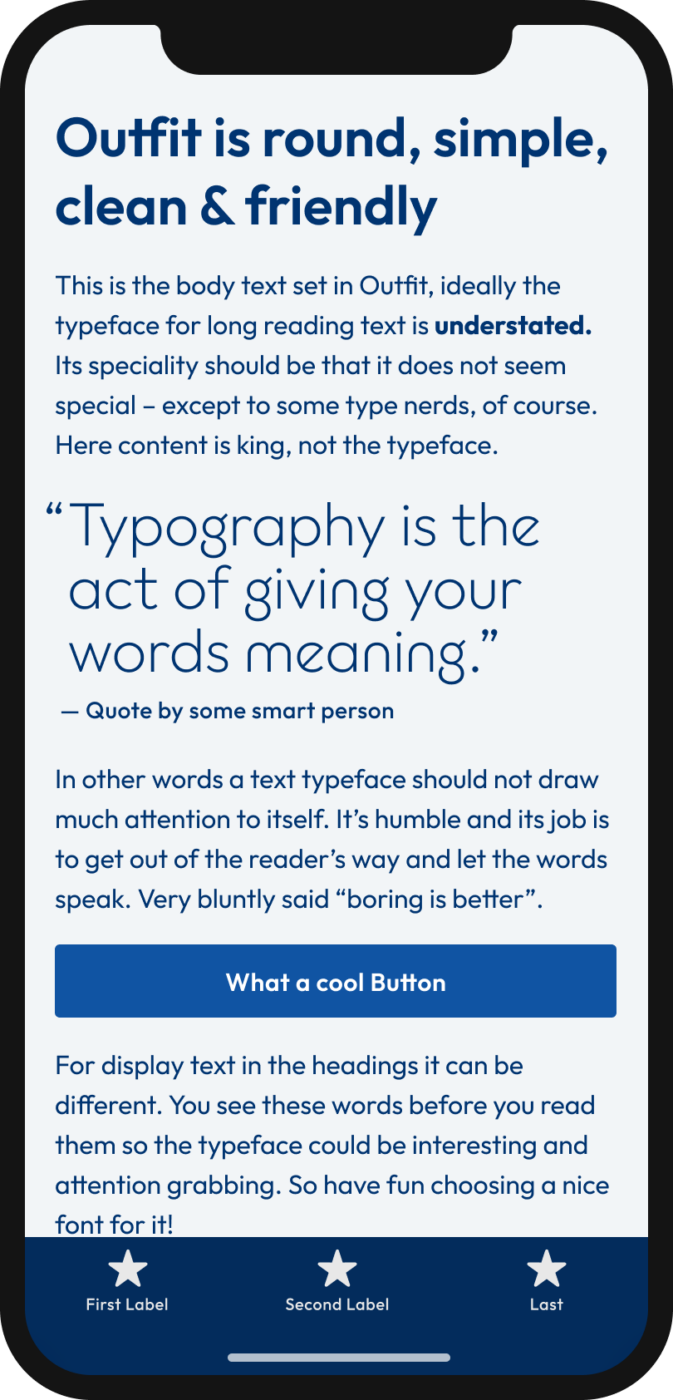 The geometric sans-serif typeface Outfit shown on a mobile phone in a headline, and a pull quote, and the labels of a button and navigation.
