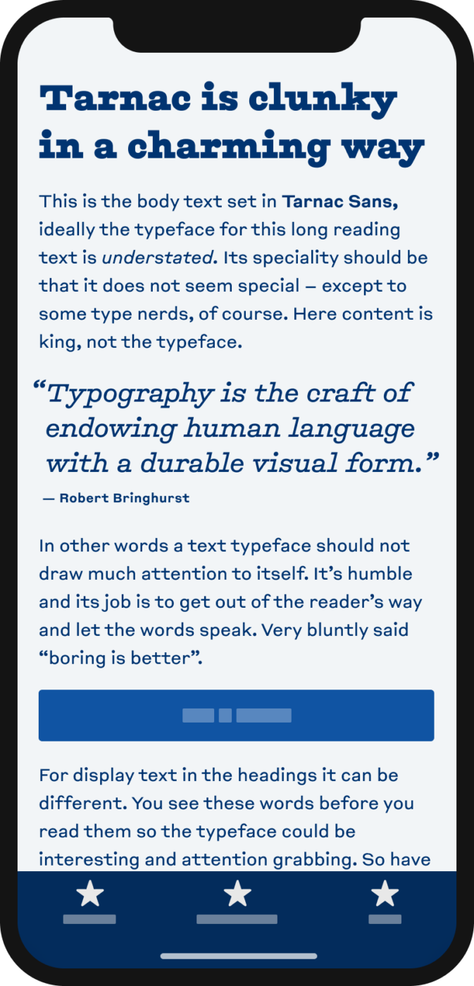 The wonky slab serif typeface Tarnac in the headline and pull quote of a mobile phone. Tarnac Sans in the body text.