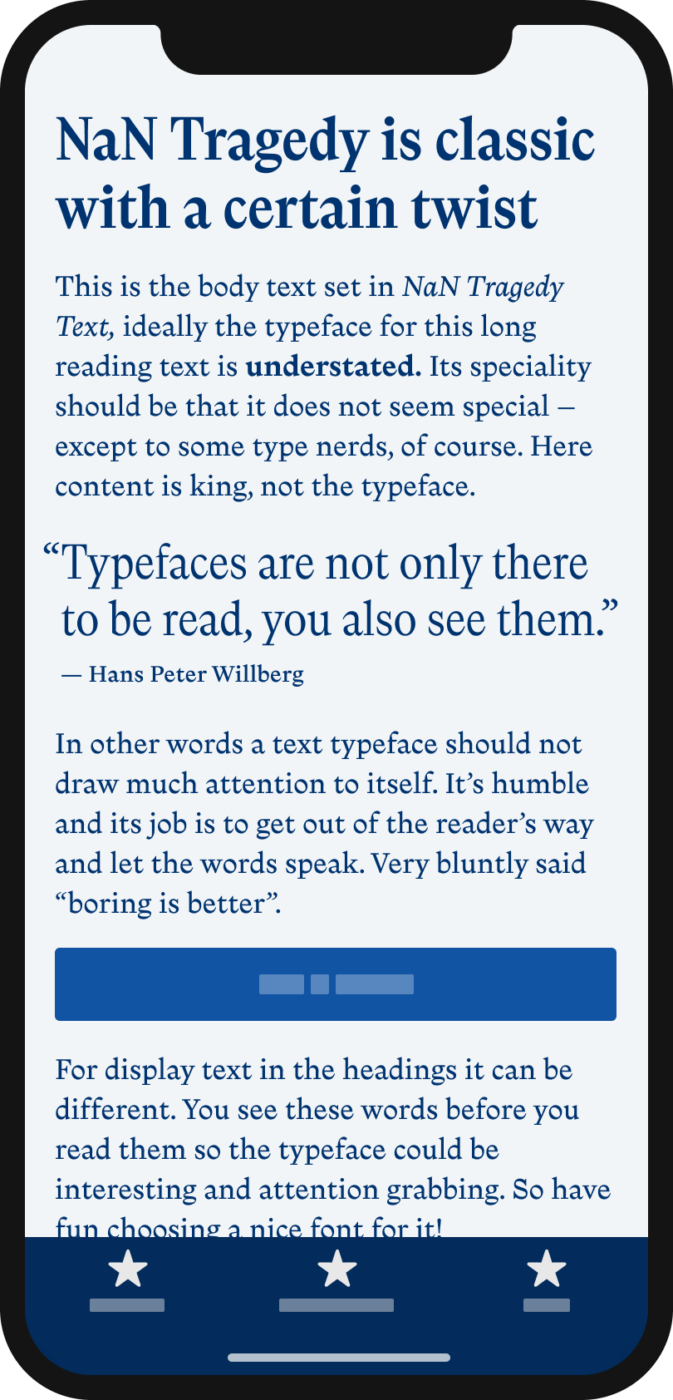 The serif typeface NaN Tragedy Display in the headline and pull quote of a mobile phone. NaN Tragedy Text in the body text.