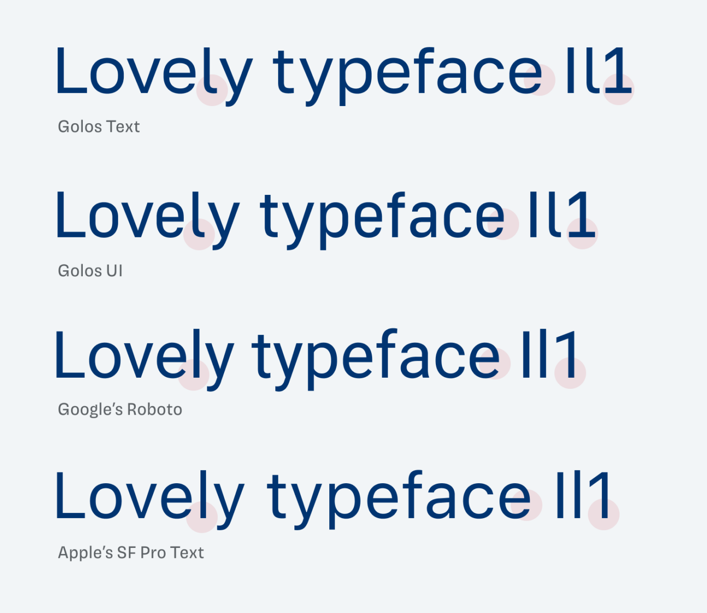 ”Lovely typeface Il1“ set in Golos Text, Golos UI, Roboto and SF Pro Text