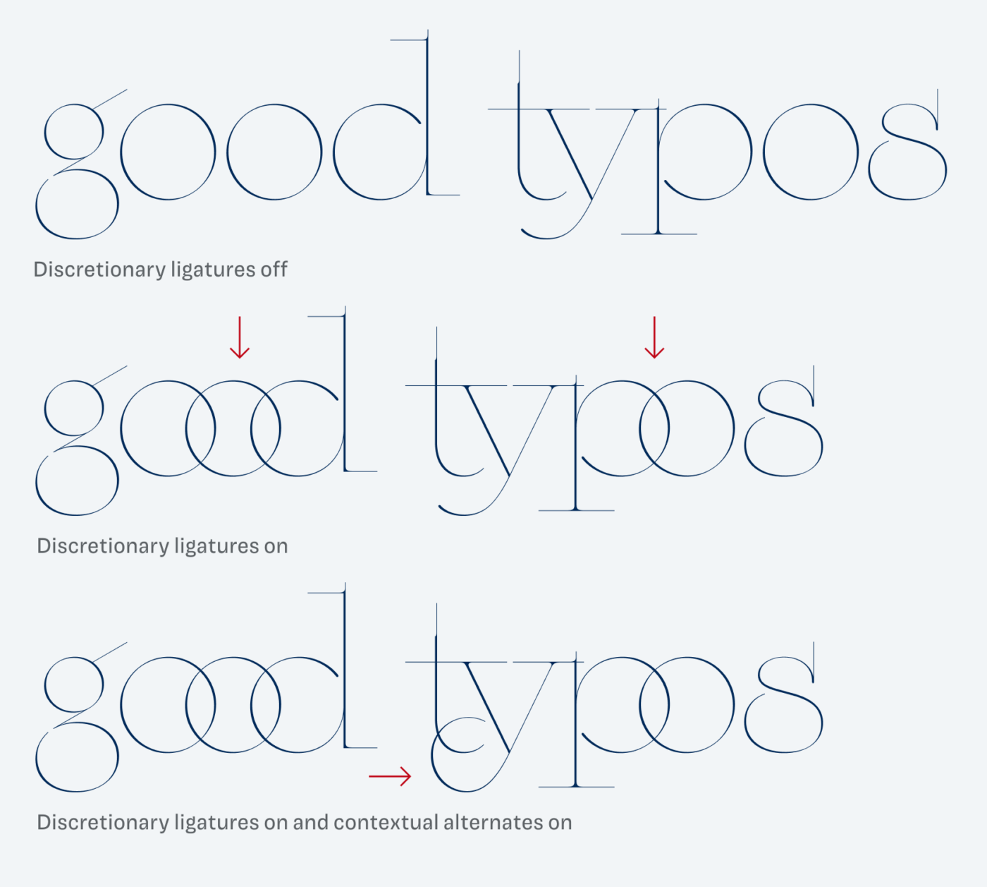 good  typos set with and without discreationary ligatures and contextual alternates.