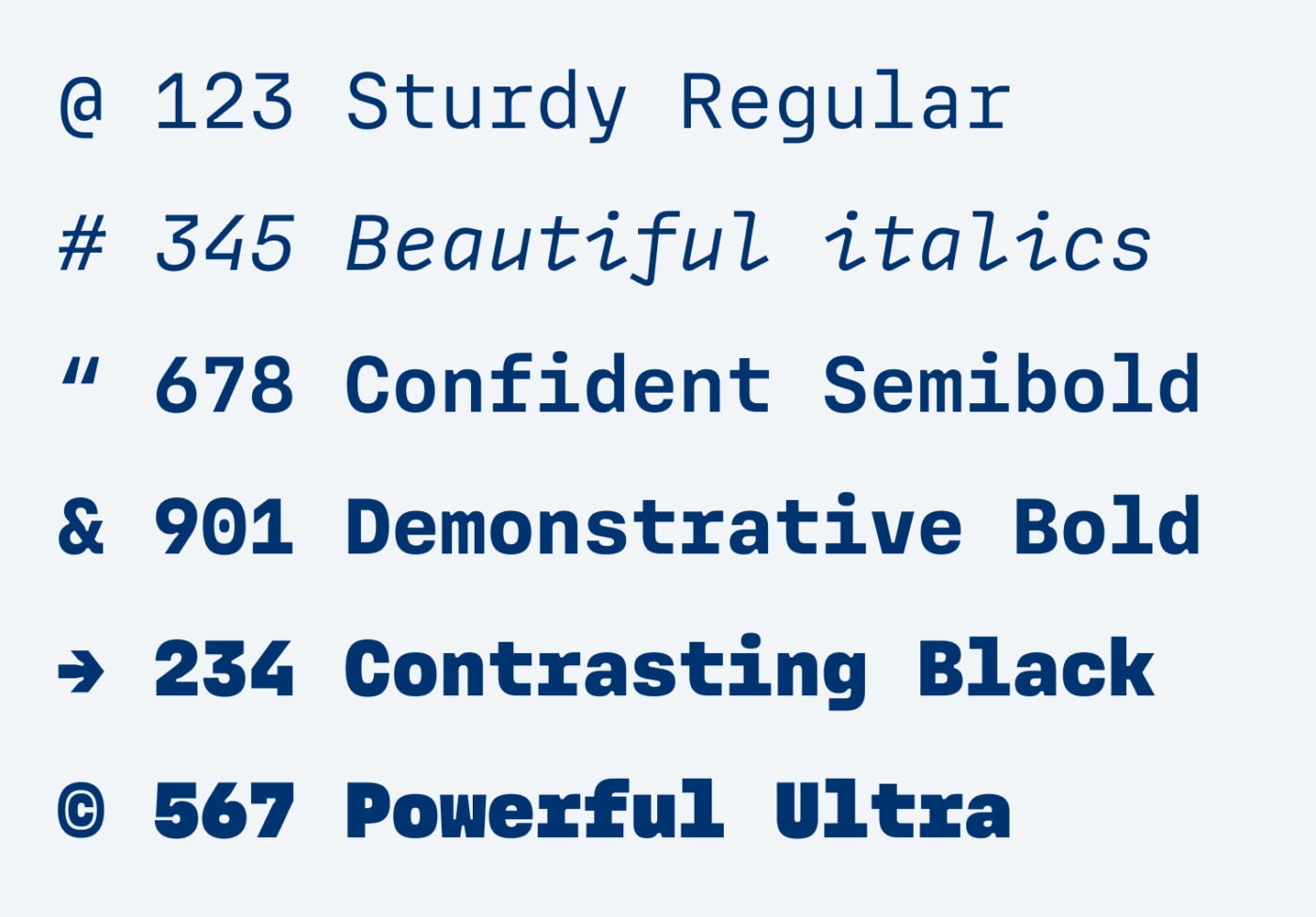 Sturdy Regular, Beautiful italics, Confident Semibold, Demonstrative Bold, Contrasting Black, Powerful Ultra