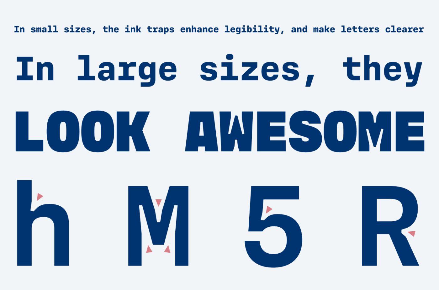 In small sizes, the ink traps enhance legibility, and make letters clearer, In large sizes, they look awesome.