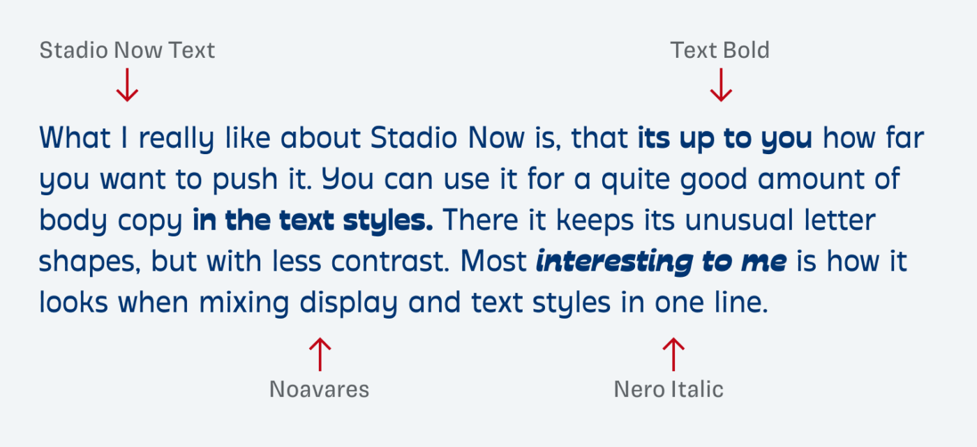 What I really like about Stadio Now is, that its up to you how far you want to push it. You can use it for a quite good amount of body copy in the text styles. There it keeps its unusual letter shapes, but with less contrast. Most interesting to me is how it looks when mixing display and text styles in one line.