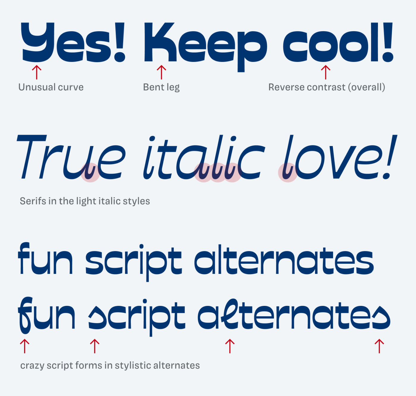 Yes! Keep cool! True italic love! fun script alternates